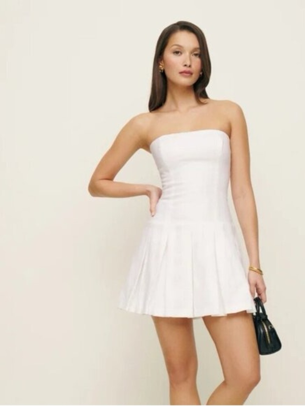 Reformation Strapless White Pleated Mini Dress